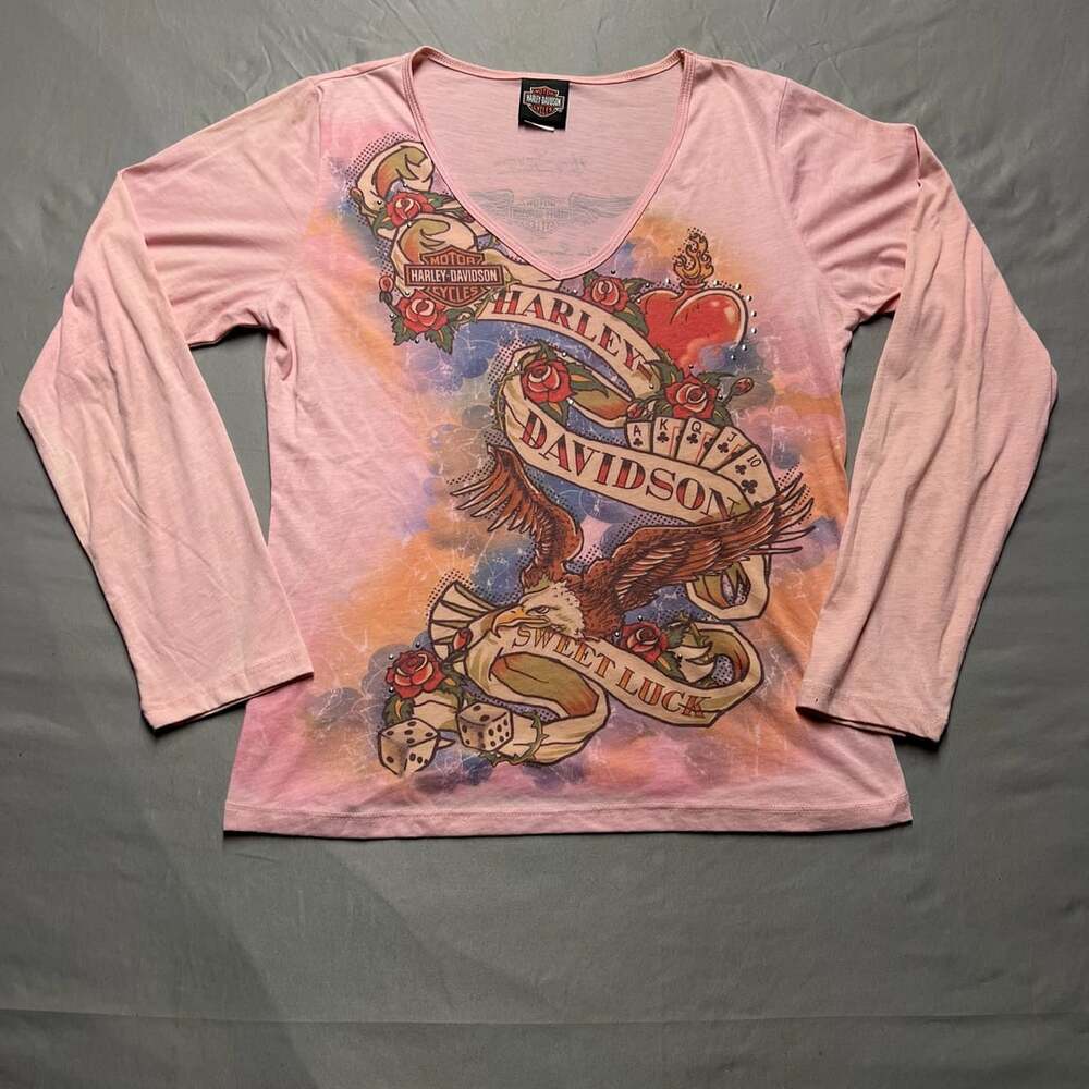 Harley Davidson Sweet Luck Long Sleeve Shirt Pink Rhinestone Y2K